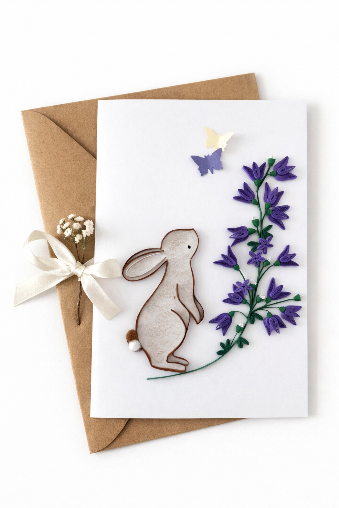 Felicitare de Paște cu iepuraș și flori mov quilling - casă & stil de viață - produse de papetărie - invitații, felicitări - Artynos.ro