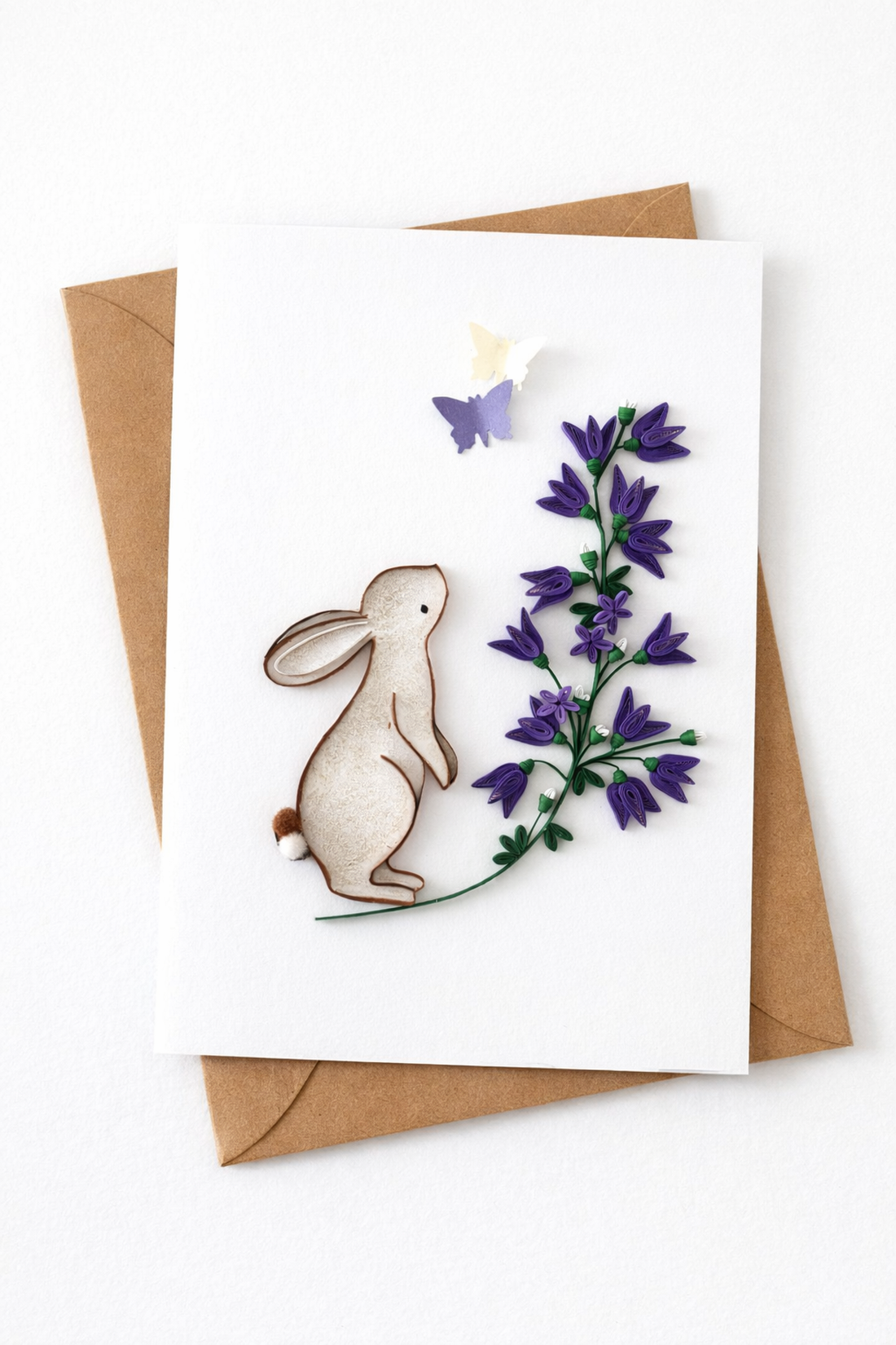 Felicitare de Paște cu iepuraș și flori mov quilling - casă & stil de viață - produse de papetărie - invitații, felicitări - Artynos.ro