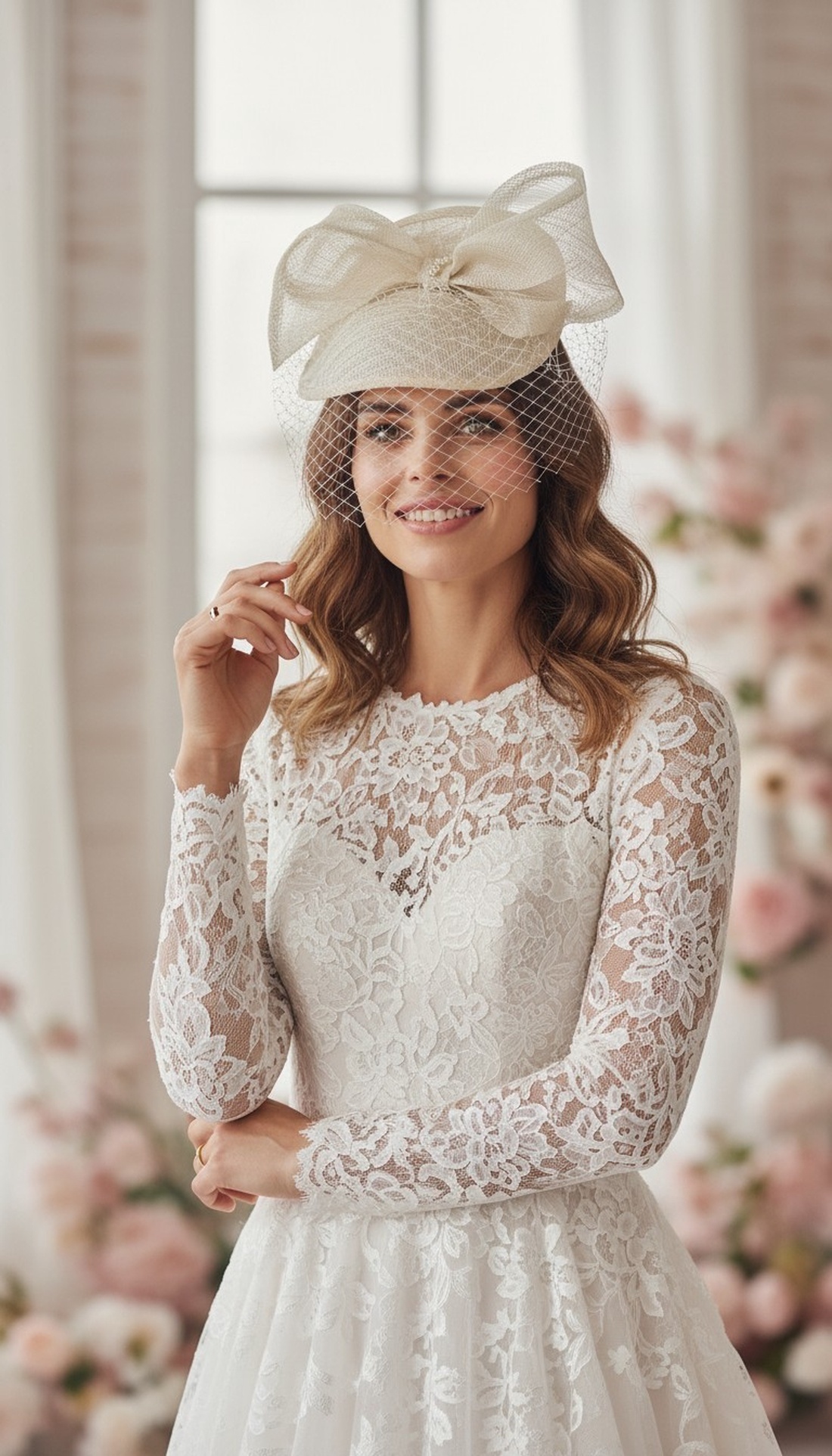 Pălărie Mireasă Albă din Sinamay cu Fundă și Voaletă - accesorii nuntă - ornamente de păr de nuntă - accesorii păr nuntă - Artynos.ro
