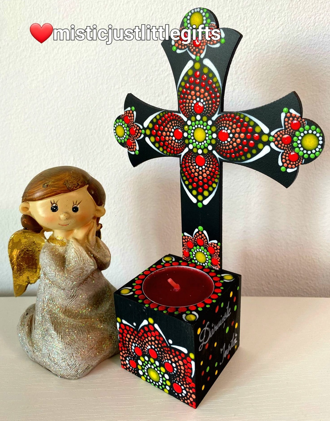 Candela  cruce personalizabila, pictata manual in tehnica mandala dots - casă & stil de viață - accesorii religioase - cruce - Artynos.ro