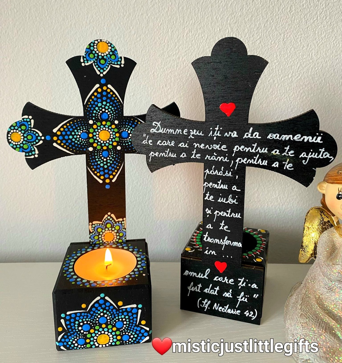 Candela  cruce personalizabila, pictata manual in tehnica mandala dots - casă & stil de viață - accesorii religioase - cruce - Artynos.ro