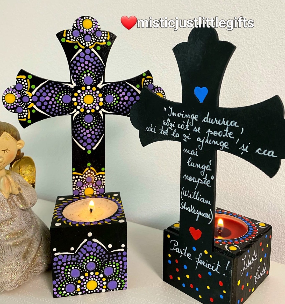 Candela  cruce personalizabila, pictata manual in tehnica mandala dots - casă & stil de viață - accesorii religioase - cruce - Artynos.ro