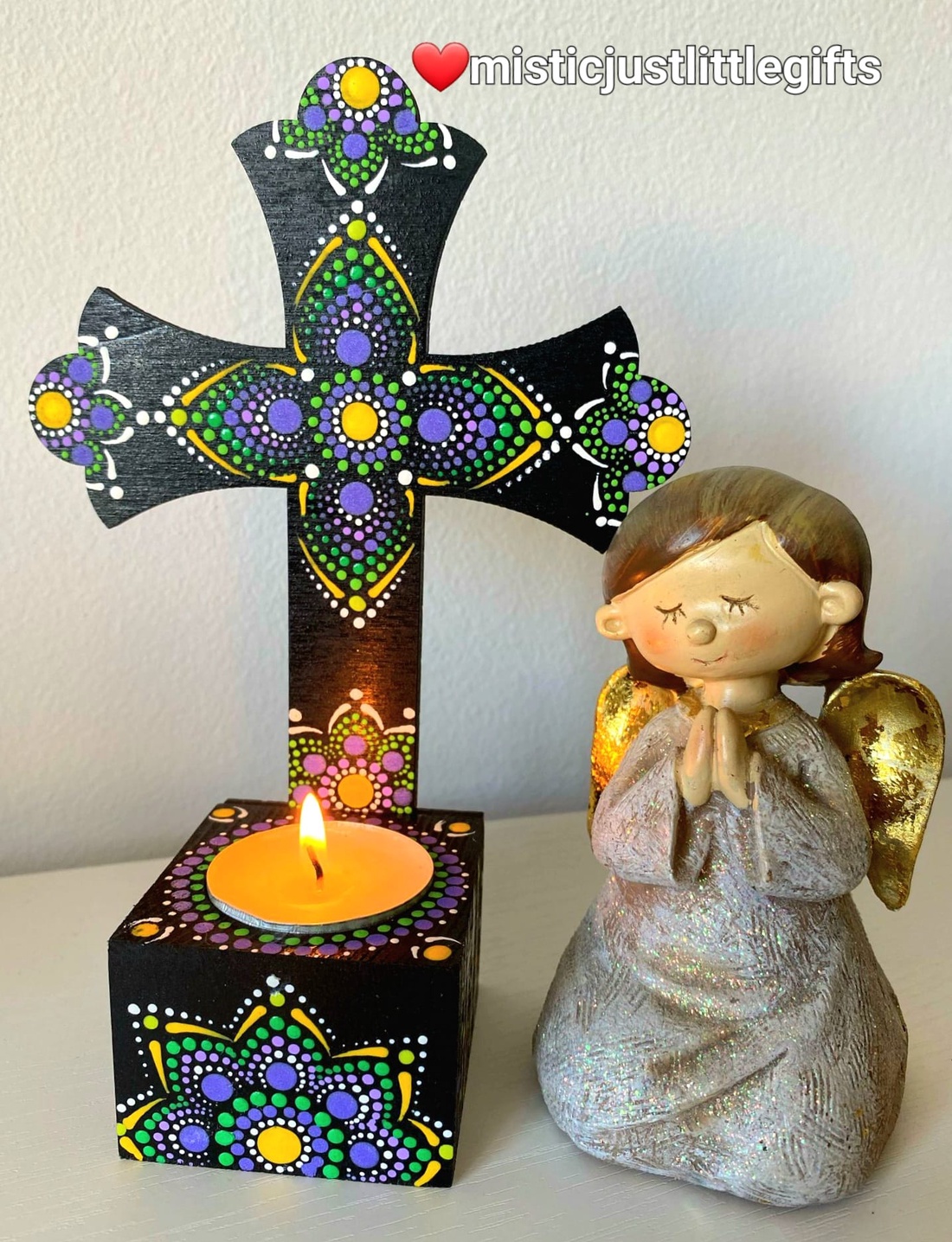 Candela  cruce personalizabila, pictata manual in tehnica mandala dots - casă & stil de viață - accesorii religioase - cruce - Artynos.ro