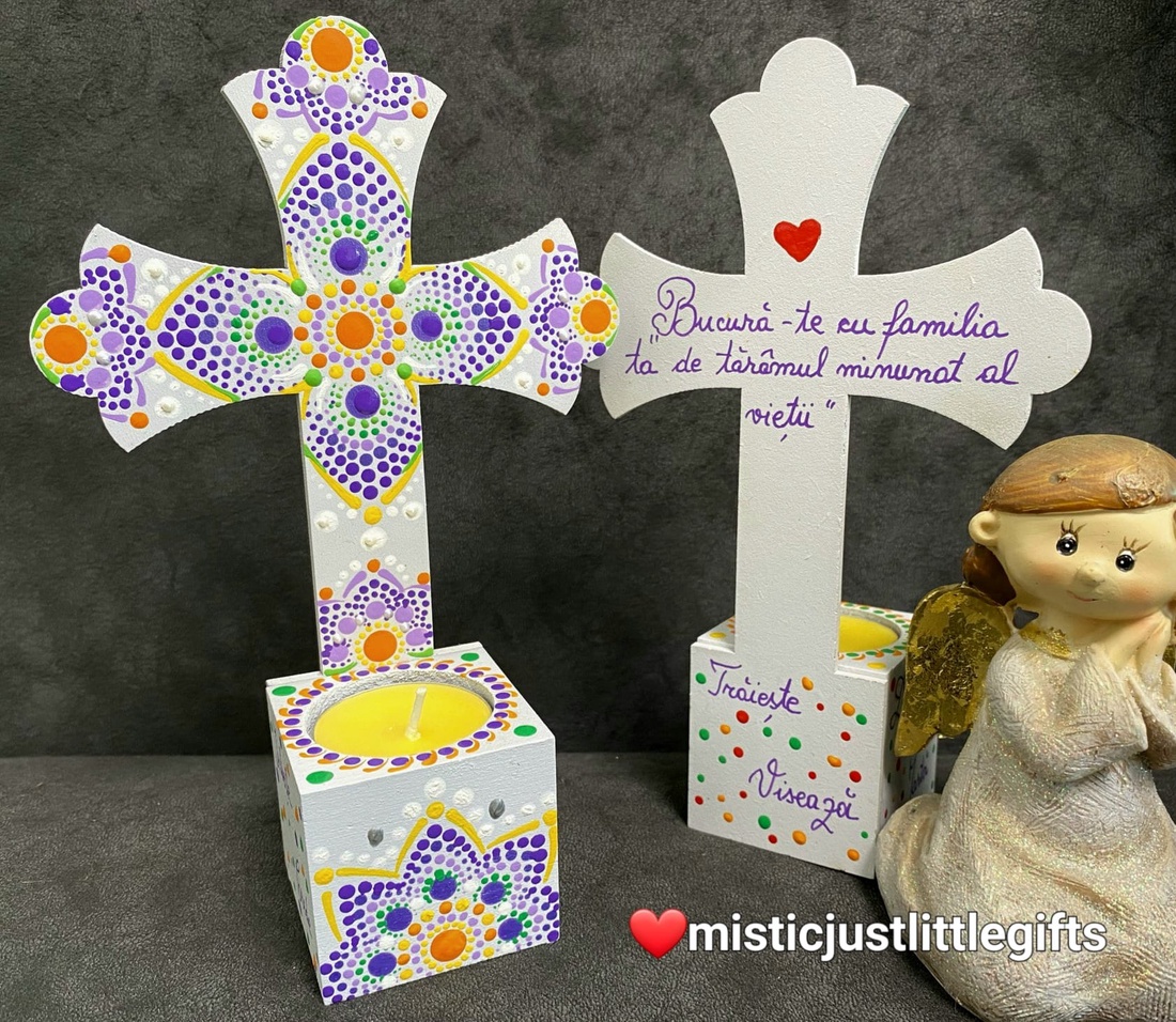 Candela  cruce personalizabila, pictata manual in tehnica mandala dots - casă & stil de viață - accesorii religioase - cruce - Artynos.ro