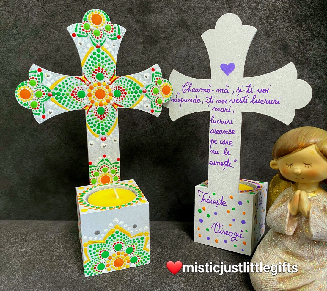 Candela  cruce personalizabila, pictata manual in tehnica mandala dots - casă & stil de viață - accesorii religioase - cruce - Artynos.ro