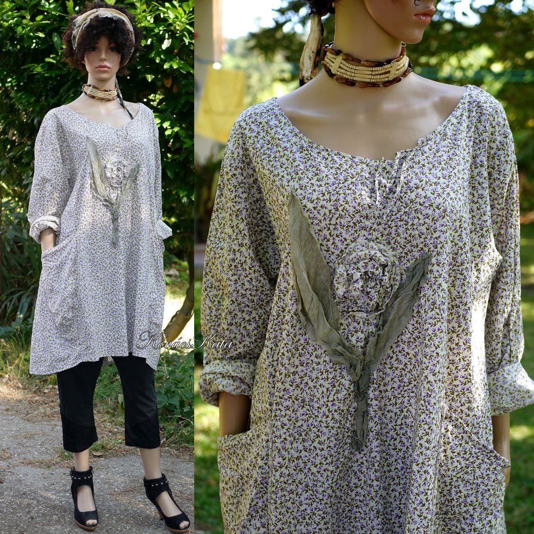 MAILA - rochie tunică din bumbac și in cu design artistic / violet-floral - îmbrăcăminte și modă - haine damă - tunică - Artynos.ro