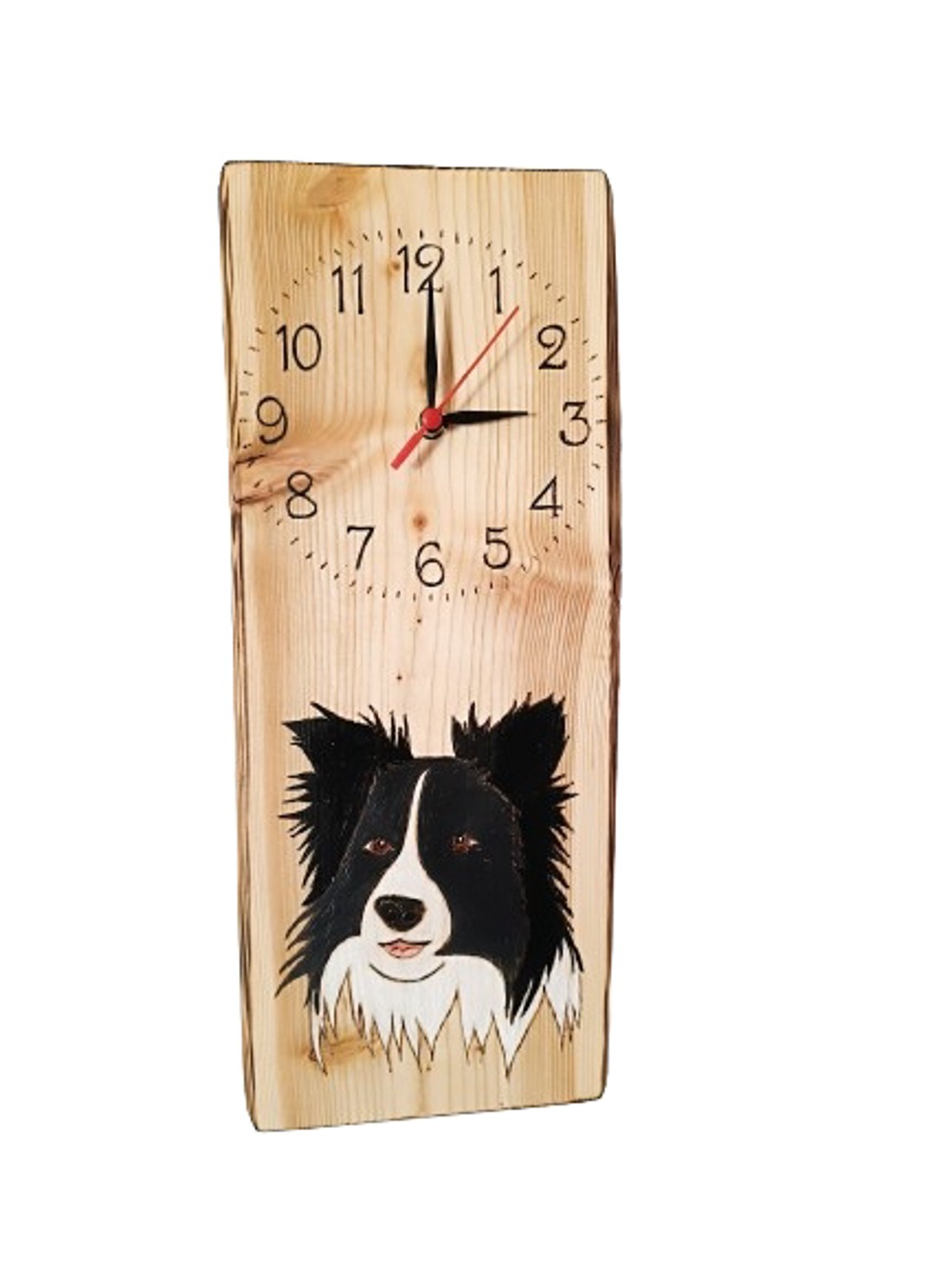 Ceas de perete din pin roșu cu câine border collie -  - Artynos.ro