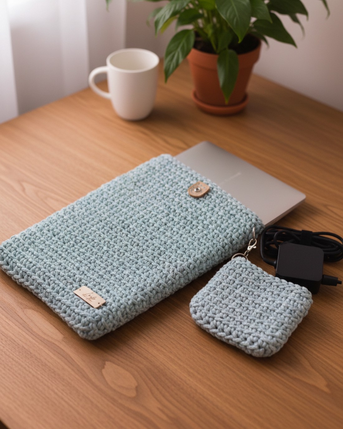 Husă pentru laptop croșetată, cu dimensiuni și culori personalizate � cadou cu suport detașabil pentru încărcător - genți și portofele - geantă laptop - Artynos.ro