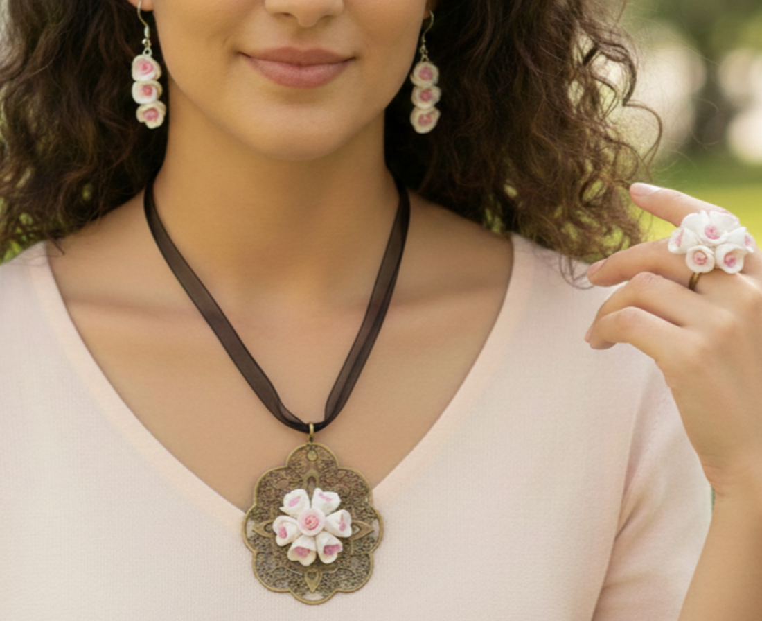 Set trandafiri roz cu alb - bijuterii - seturi de bijuterii - Artynos.ro