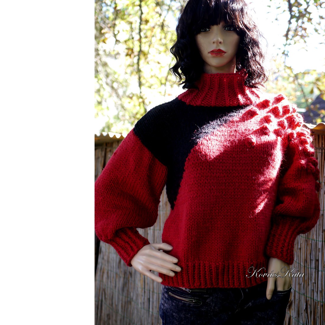 BORKA pulover extravagant, gros, tricotat manual din merinos / roșu-negru - îmbrăcăminte și modă - haine damă - hanorace, cardigane - Artynos.ro