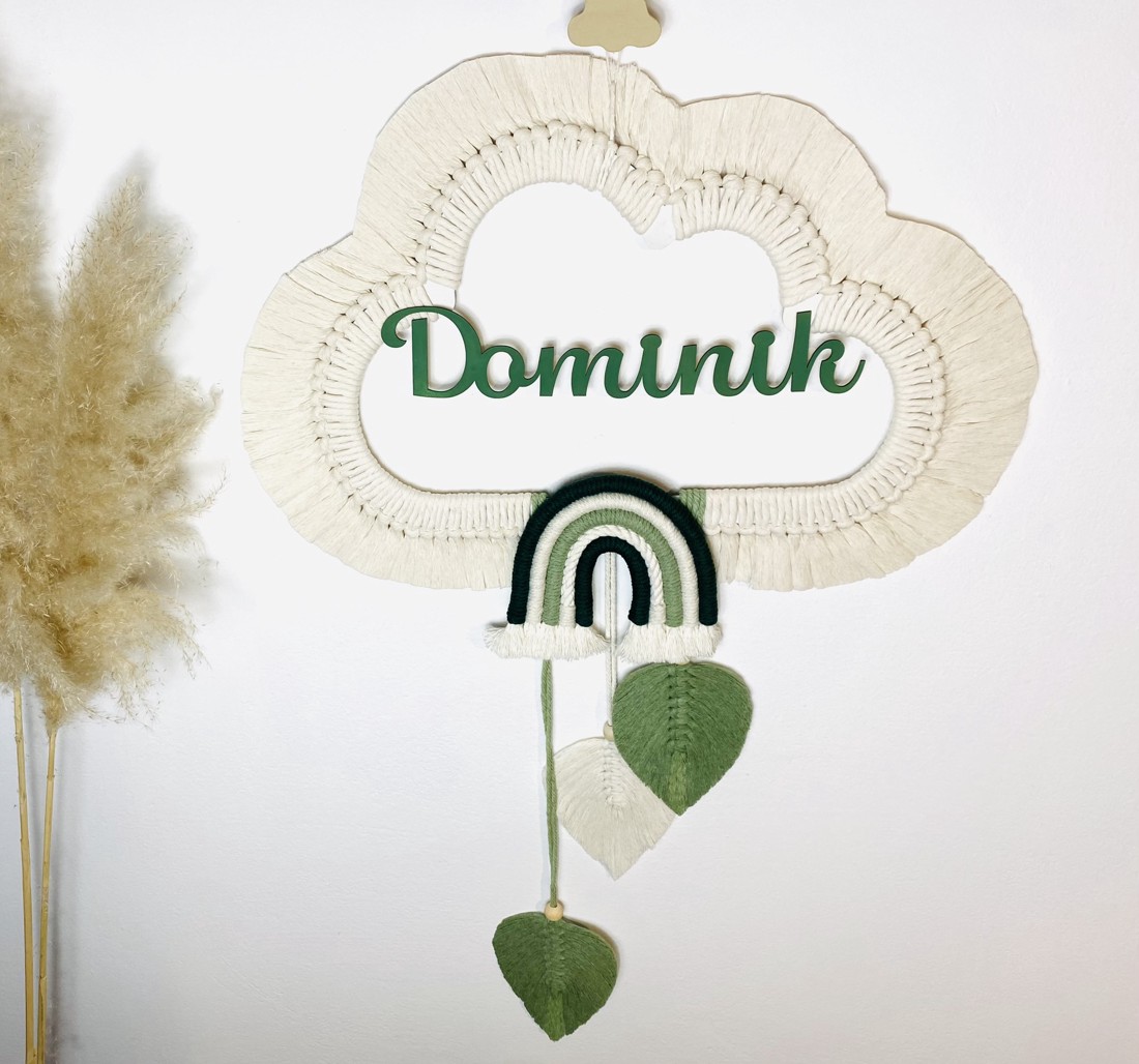 Nor macramé personalizat, curcubeu și frunze decor de perete (mare) - boyish - - Artynos.ro Nor macramé personalizat, curcubeu și frunze decor de perete (mare) - boyish - - Artynos.ro