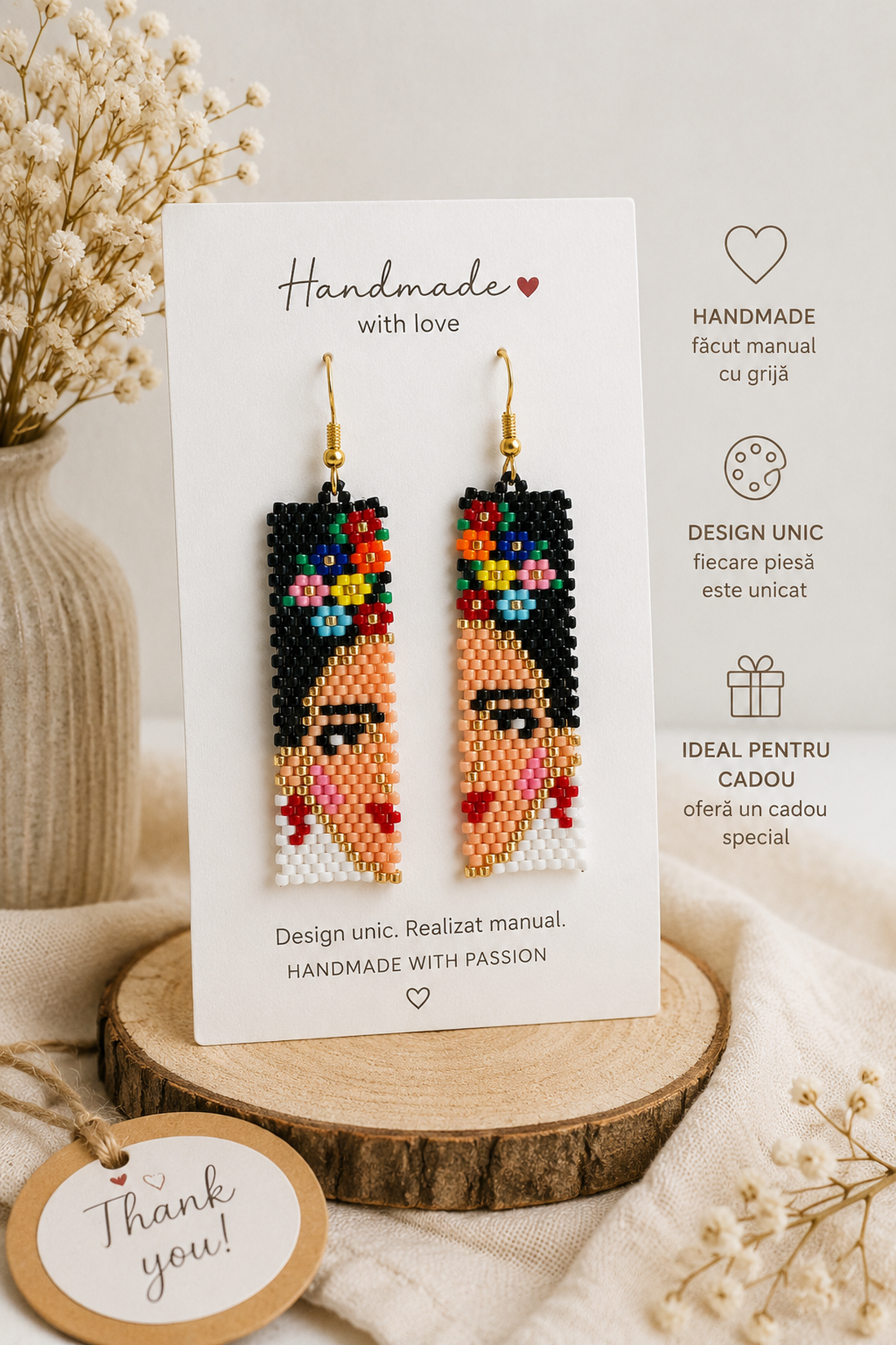 Cercei Frida Kahlo - bijuterii - cercei - cercei din mărgele - Artynos.ro