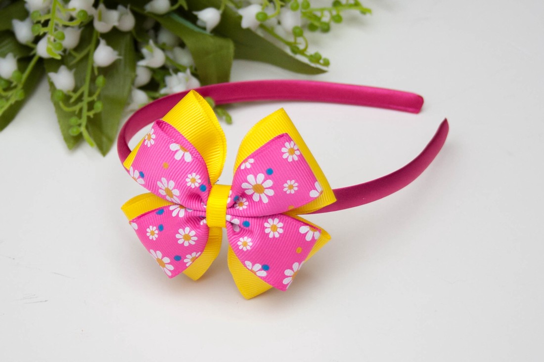 Bandă de păr Masnis � Galben/roz cu flori - îmbrăcăminte și modă - accesorii păr - bandă de păr și agrafe păr - Artynos.ro