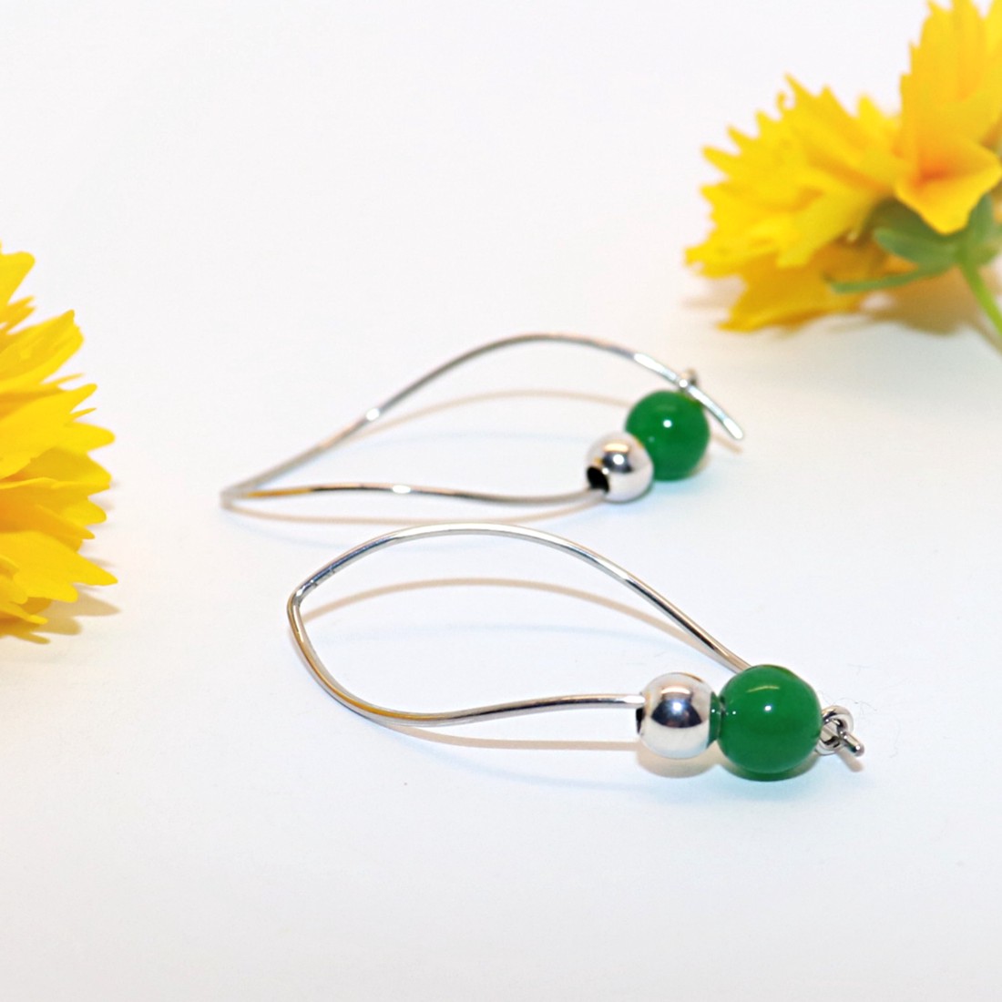 Pietre de jad verde, pereche de cercei din argint pentru femei (EF.115) - bijuterii - cercei - cercei din argint - Artynos.ro