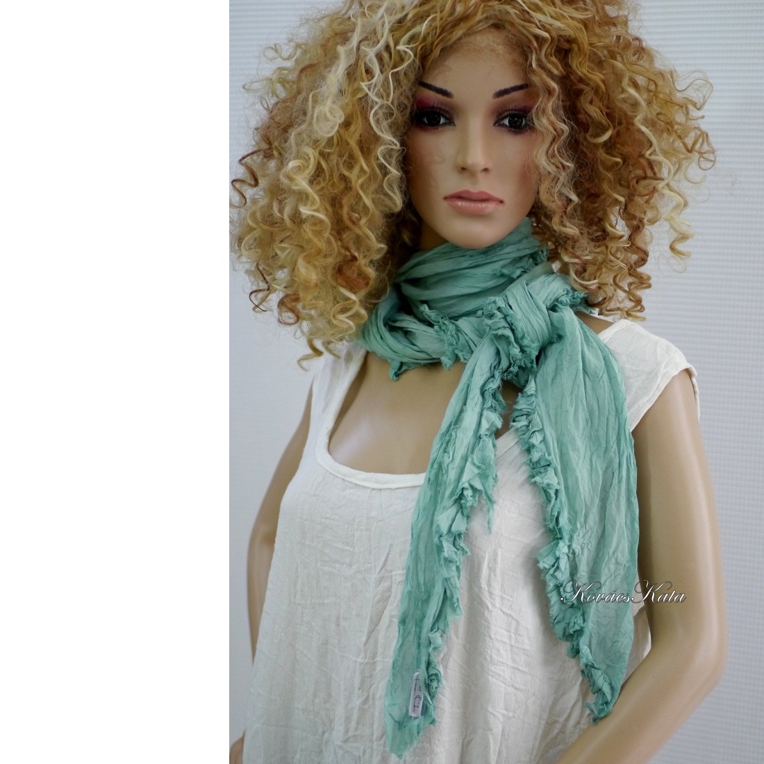 SIROM SCARL / verde turcoaz - eșarfă lungă batik cu volane - îmbrăcăminte și modă - eșarfe, pălării, fularuri - eșarfe - Artynos.ro