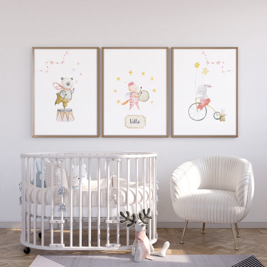 Decal de perete pentru camera copilului, poster artiști de circ, set unic personalizat de imagini cu animale, 3 bucăți -  - Artynos.ro