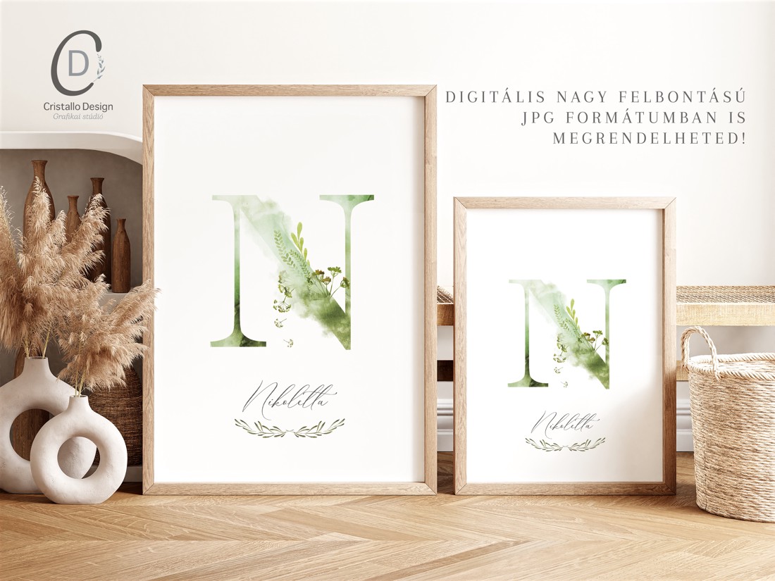 Scrisoare N, monogramă, imagine onomastică, decor, acuarelă, artă de perete, personalizată -  - Artynos.ro