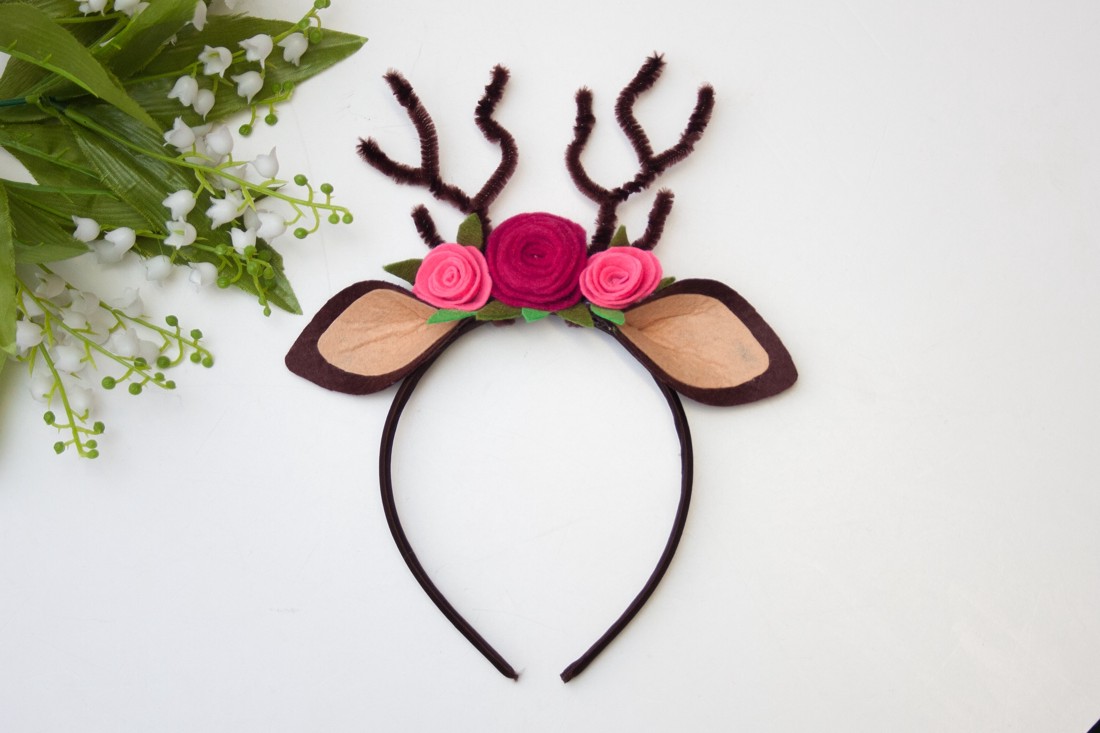 Accesoriu costum - Bentiță pentru căprioară Bambi, bentiță pentru păr cu bentiță pentru păr cu urechi, coarne, flori -  - Artynos.ro