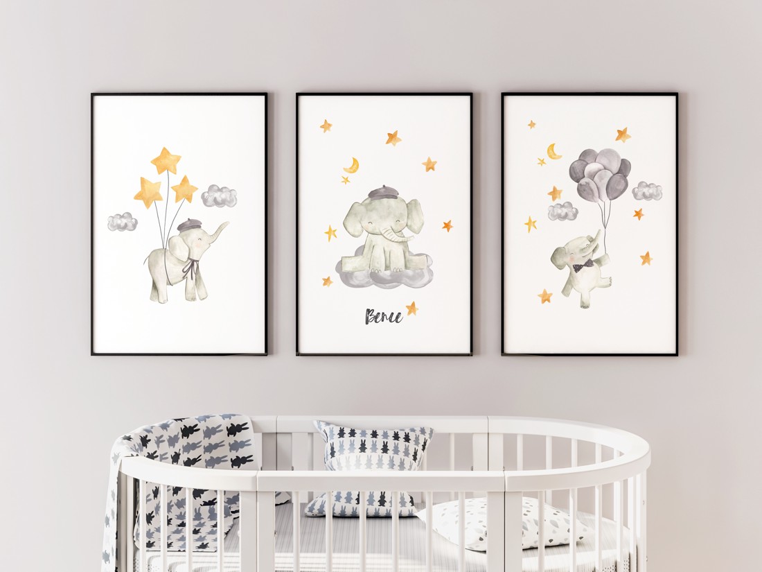 Decal de perete pentru camera copilului, poster elefant, set unic personalizat de imagini cu animale, 3 bucăți -  - Artynos.ro