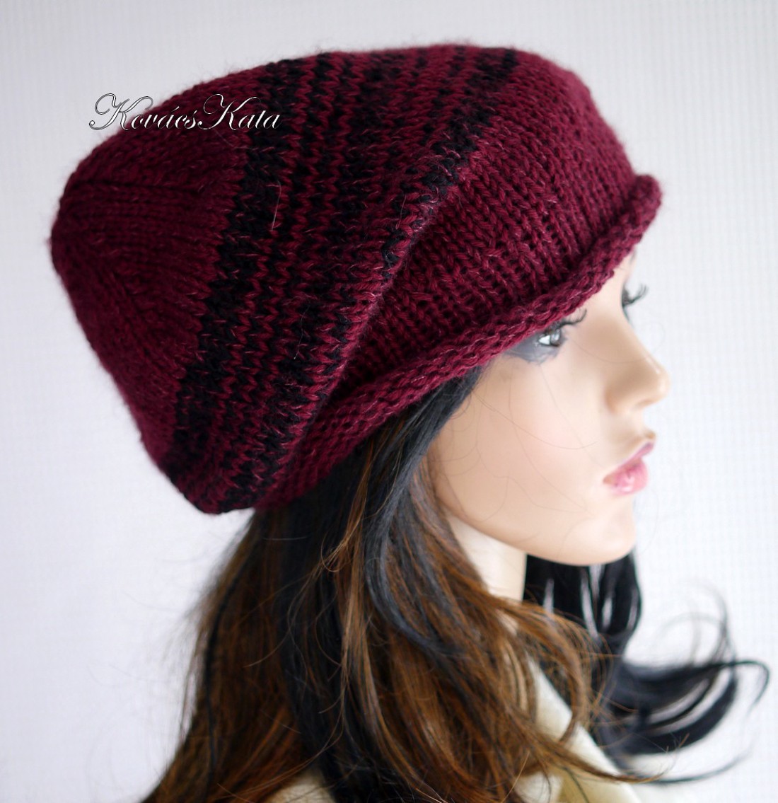 BEANIE LUX / camel - șapcă trendy tricotată manual camel-merino-kidmohair / burgundy+black - îmbrăcăminte și modă - eșarfe, pălării, fularuri - căciulă - Artynos.ro