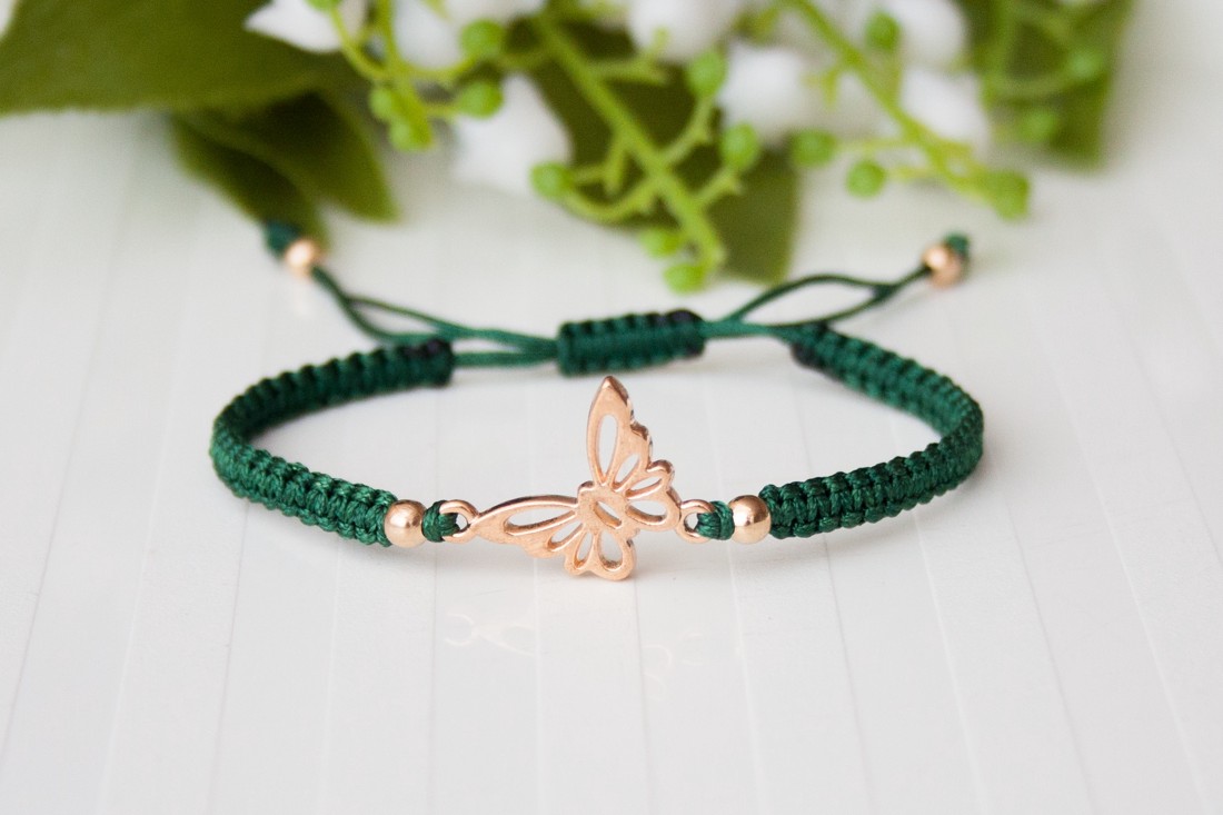Brățară macramé împletită - Fluture, fluture verde închis / auriu -  - Artynos.ro