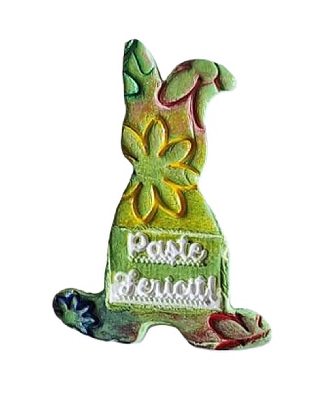 Iepurași înflorați Paște Fericit din lut, cu magnet, model 2 - decor de sărbători - decorațiuni de paște - iepuraș de paște - Artynos.ro