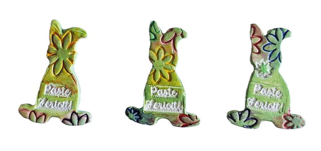 Iepurași înflorați Paște Fericit din lut, cu magnet, model 2 - decor de sărbători - decorațiuni de paște - iepuraș de paște - Artynos.ro