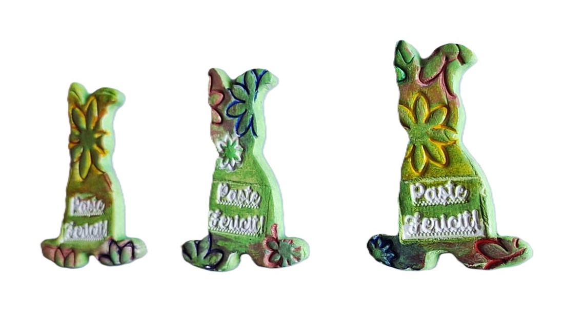 Iepurași înflorați Paște Fericit din lut, cu magnet, model 2 - decor de sărbători - decorațiuni de paște - iepuraș de paște - Artynos.ro