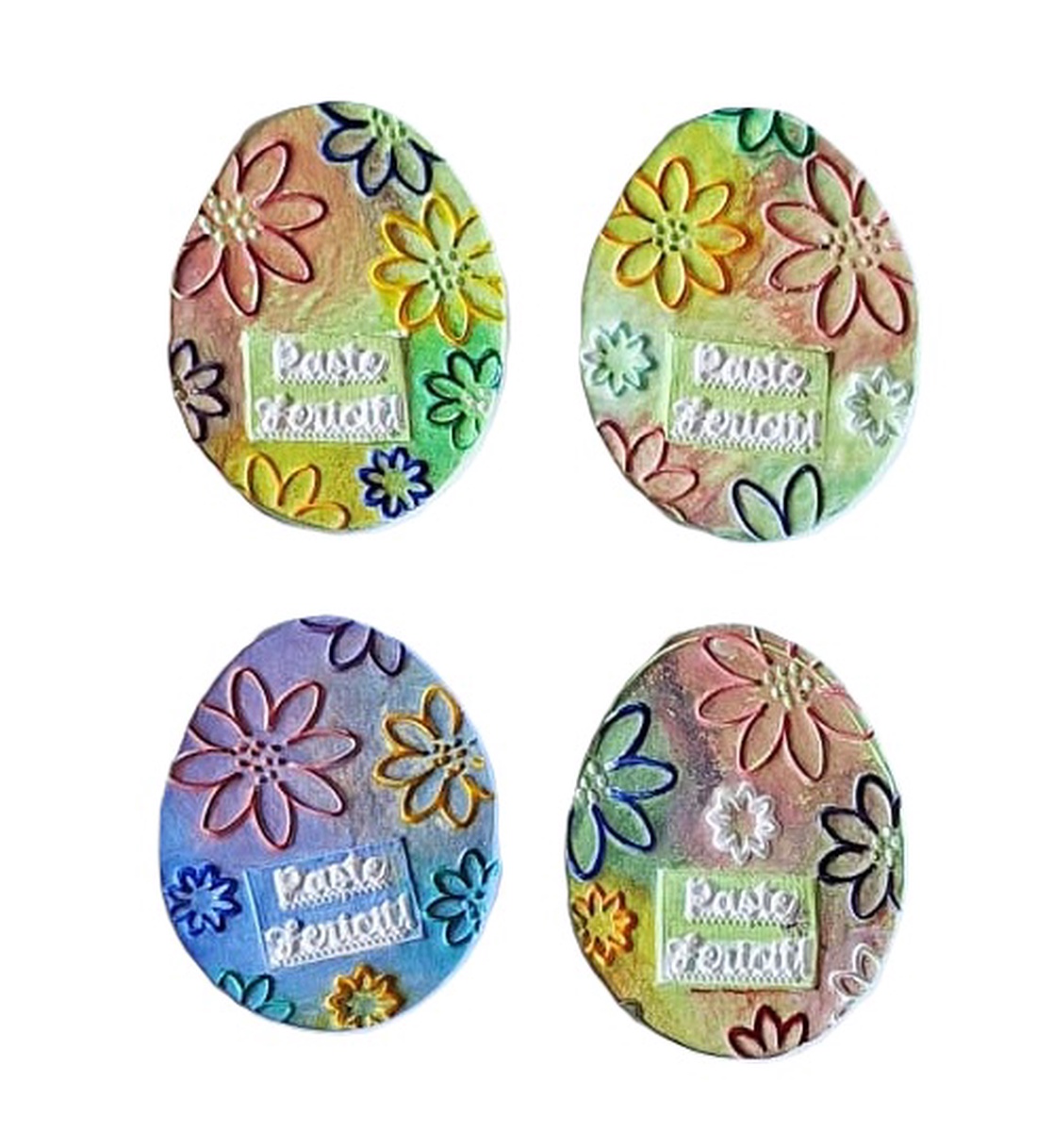 Ou decorativ Paste Fericit din lut, cu magnet, model floral vibrant -  - Artynos.ro