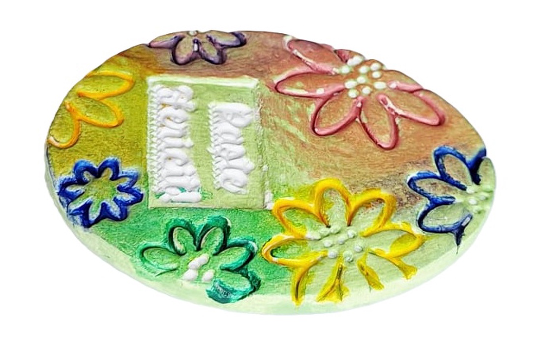 Ou decorativ Paste Fericit din lut, cu magnet, model floral vibrant -  - Artynos.ro