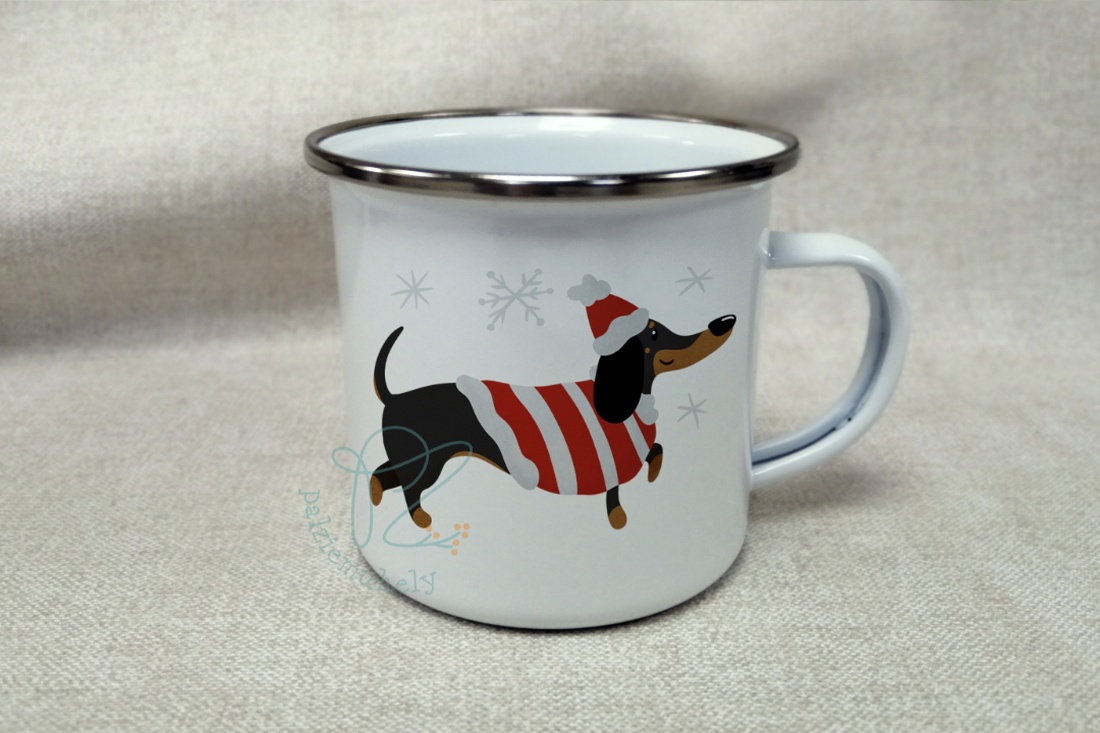 Cană emailată de Crăciun de iarnă - Teckel Moș Crăciun alergând - casă & stil de viață - accesorii pentru echipamente de bucătărie - accesorii de servire - căni - Artynos.ro