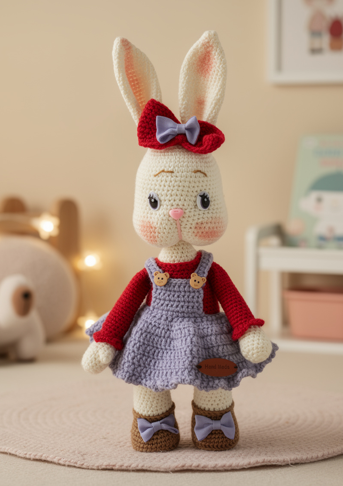 Iepurașul Roșie � iepuraș croșetat handmade cu fustiță, 40 cm, pentru copii 3+ - jucării și echipamente pentru copii - plușuri - iepure de pluș - Artynos.ro