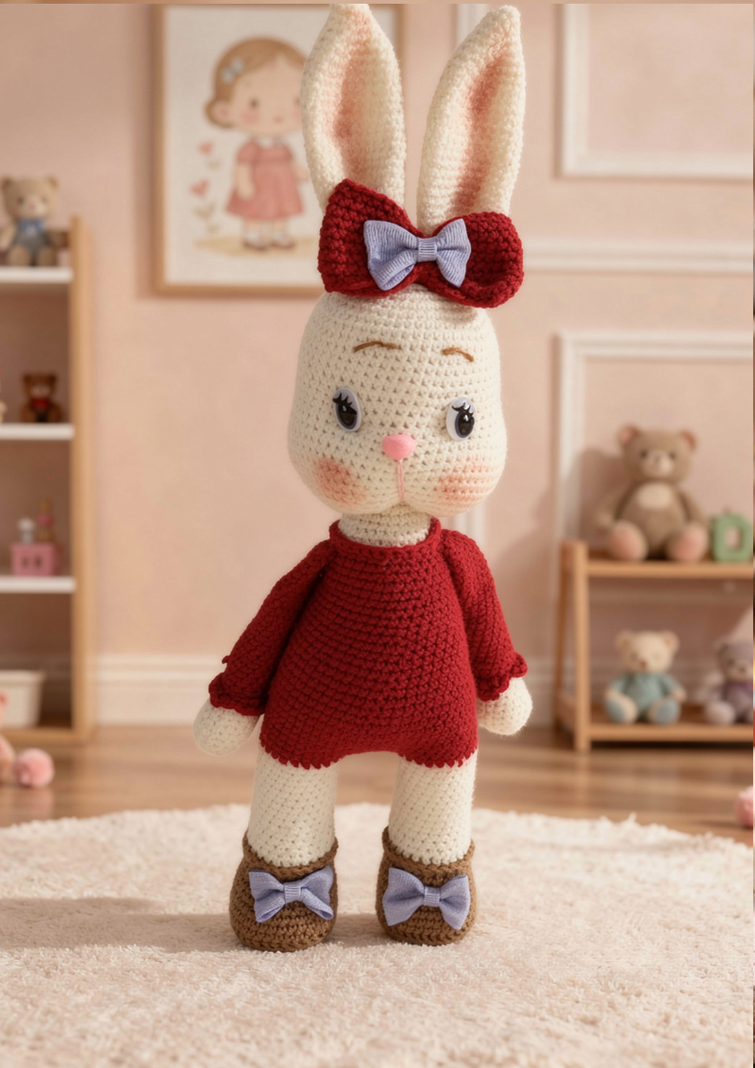 Iepurașul Roșie � iepuraș croșetat handmade cu fustiță, 40 cm, pentru copii 3+ - jucării și echipamente pentru copii - plușuri - iepure de pluș - Artynos.ro