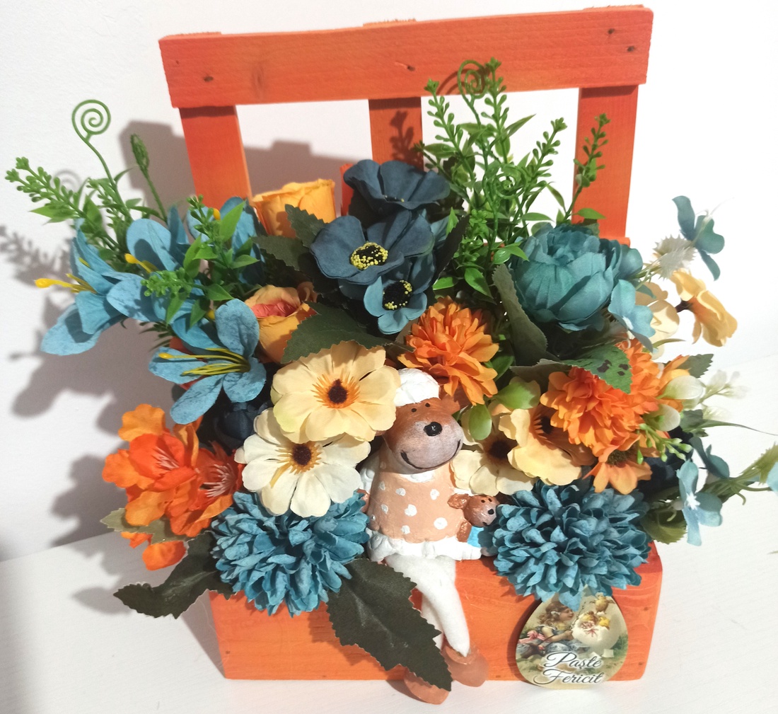 FEREASTRĂ LEMN PORTOCALIE CU FIGURINĂ CERAMICĂ ȘI FLORI PORTOCALII, ALBASTRE - casă & stil de viață - decorațiuni de casă - decorațiuni de masă și rafturi - decorațiuni de masă - Artynos.ro