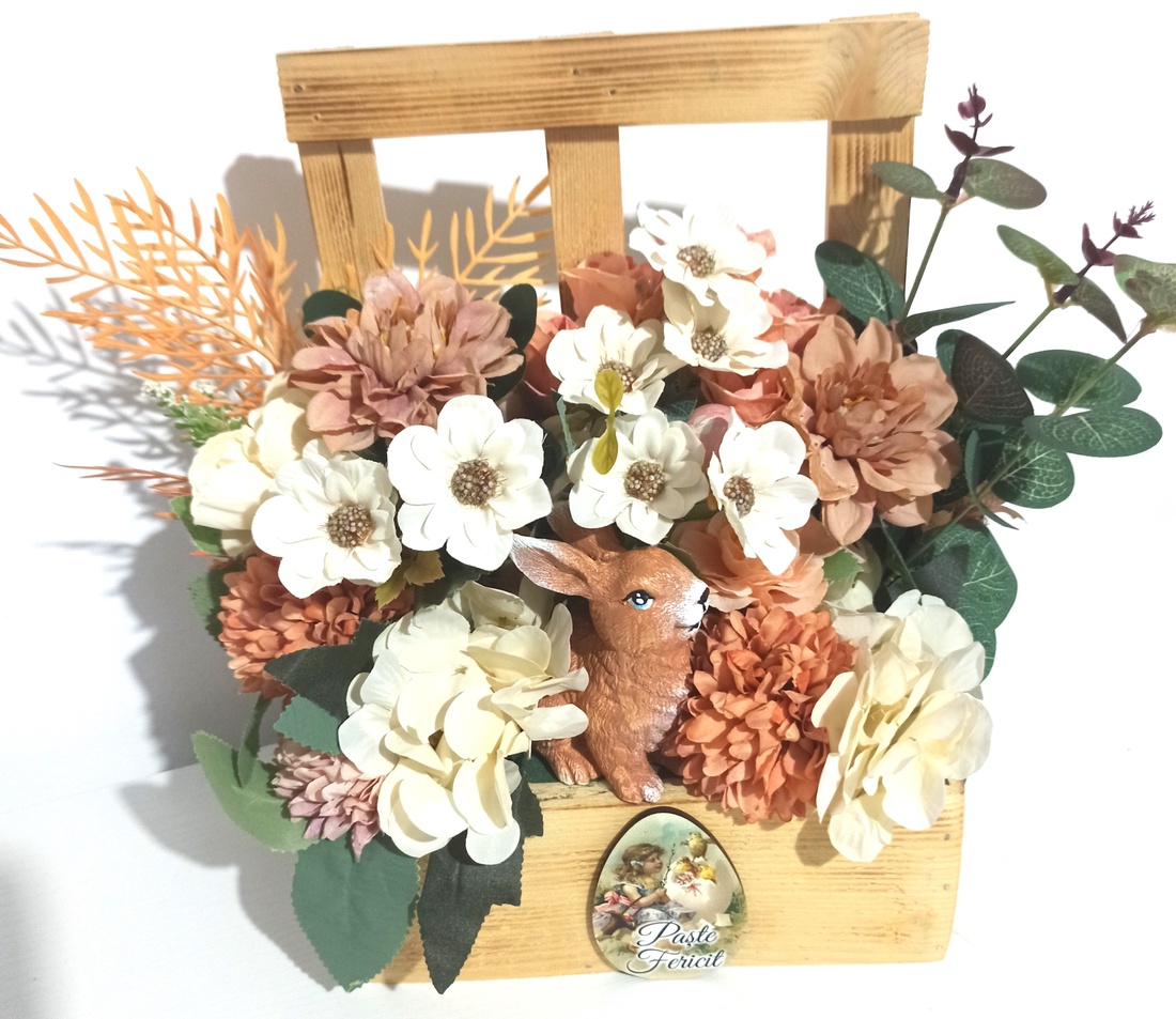 FEREASTRĂ LEMN NATUR CU IEPURE CERAMICĂ ȘI FLORI ALB, SOMON - casă & stil de viață - decorațiuni de casă - decorațiuni de masă și rafturi - decorațiuni de masă - Artynos.ro