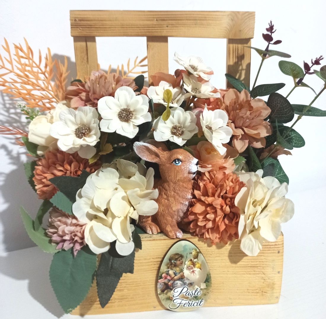 FEREASTRĂ LEMN NATUR CU IEPURE CERAMICĂ ȘI FLORI ALB, SOMON - casă & stil de viață - decorațiuni de casă - decorațiuni de masă și rafturi - decorațiuni de masă - Artynos.ro