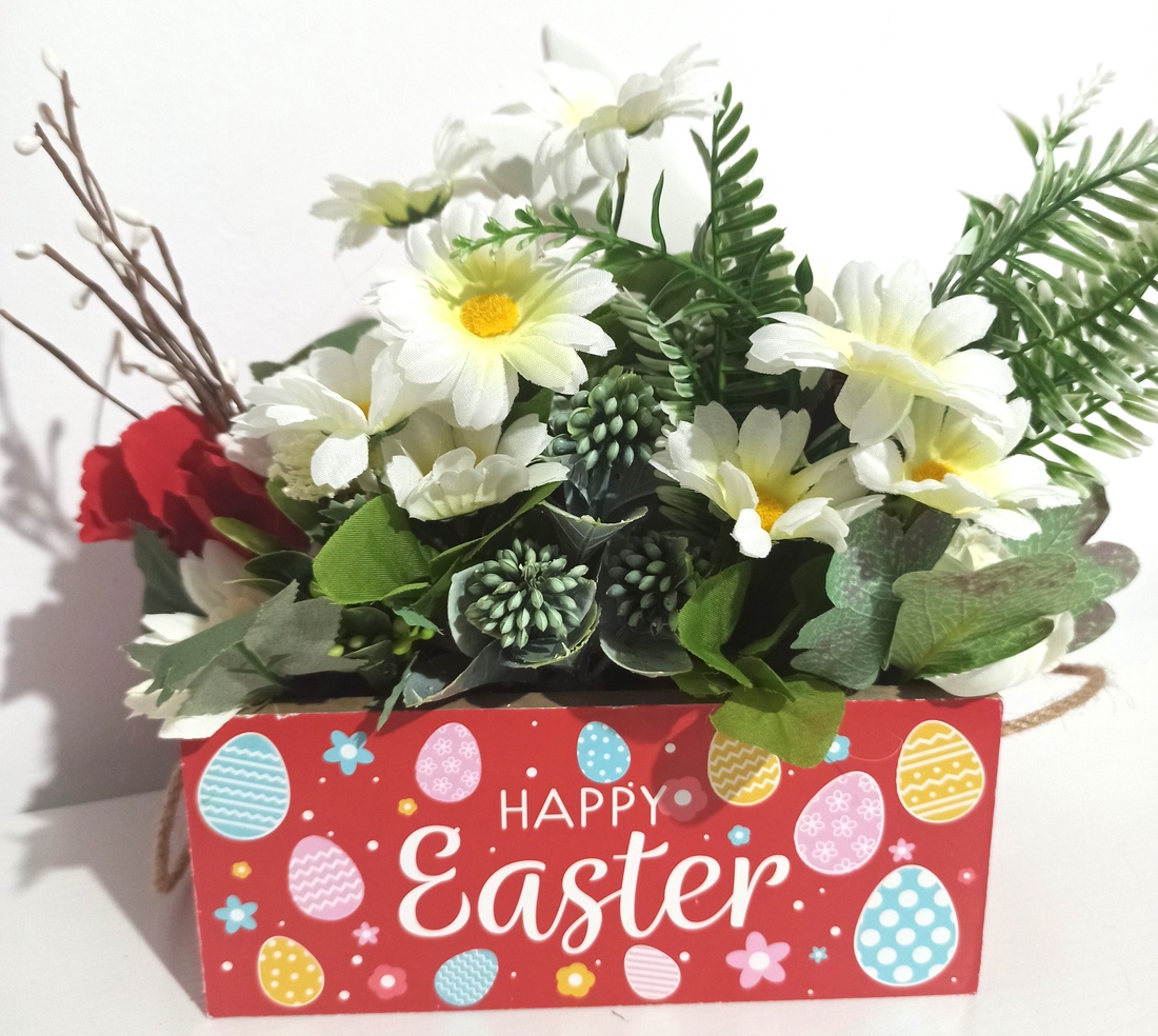 LĂDIȚĂ ROȘIE HAPPY EASTER CU IEPURE ȘI FLORI ALBE ȘI ROȘII - decor de sărbători - decorațiuni de paște - decor masă de paște - Artynos.ro