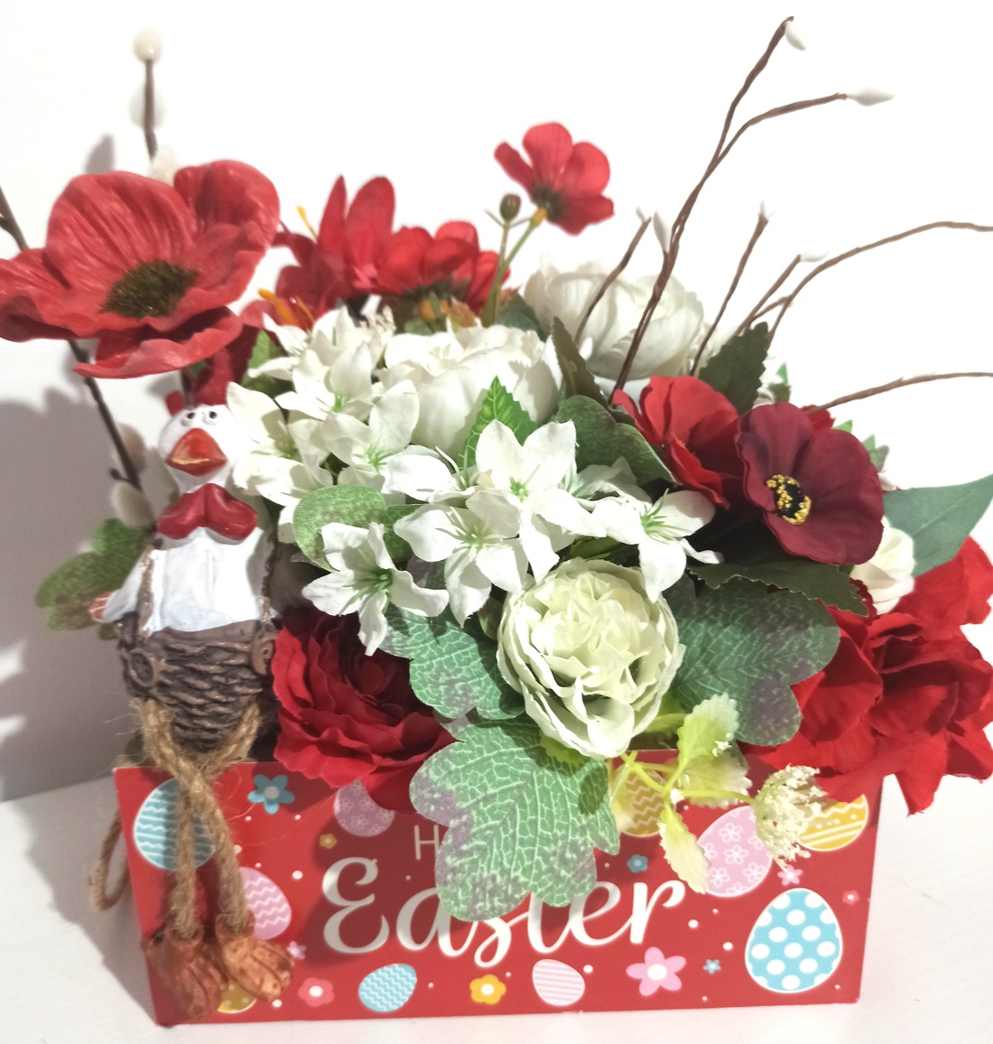 LĂDIȚĂ ROȘIE HAPPY EASTER CU IEPURE ȘI FLORI ALBE ȘI ROȘII - decor de sărbători - decorațiuni de paște - decor masă de paște - Artynos.ro