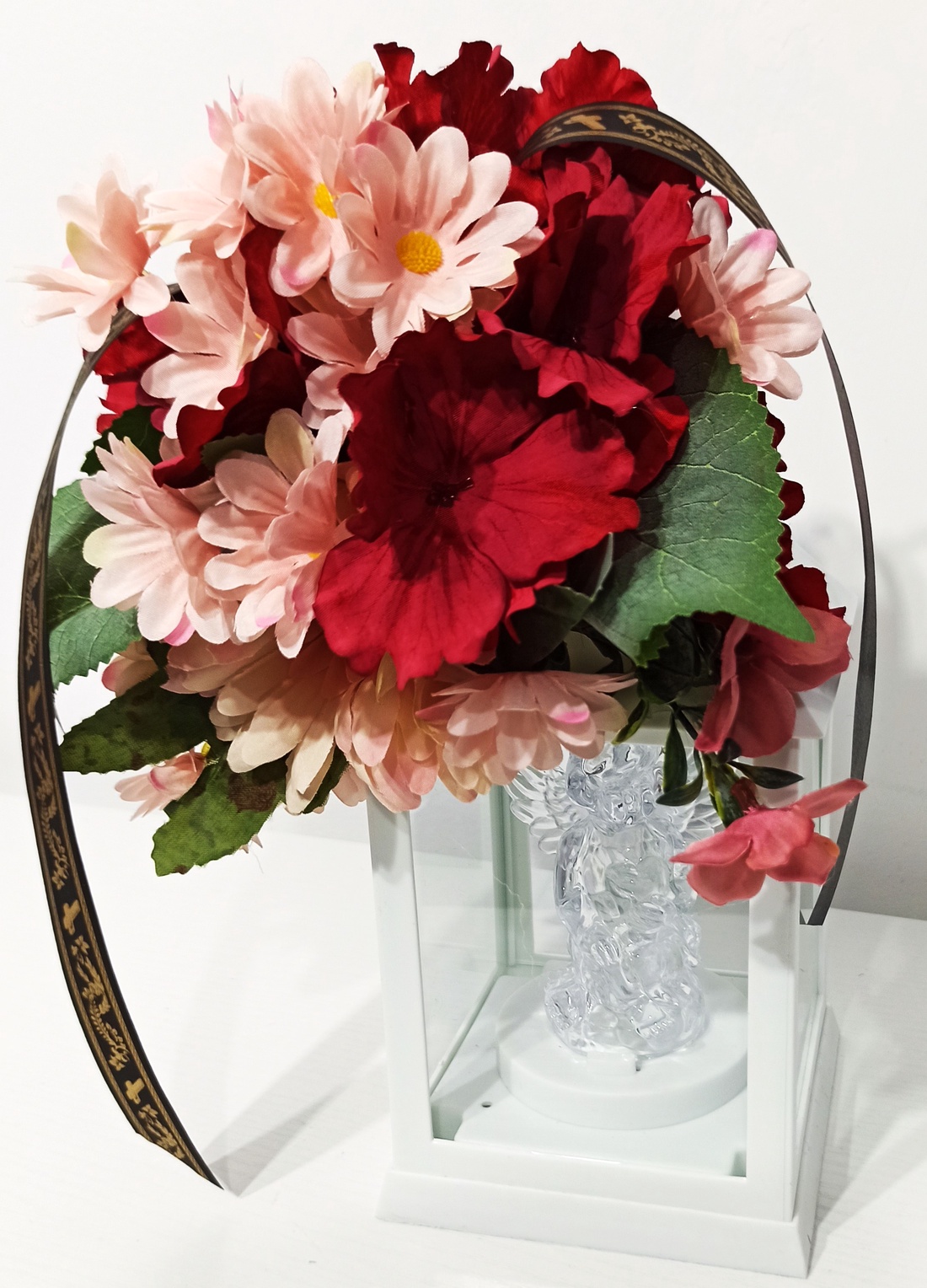 Decorațiune felinar cu led și îngeraș, crizantemă și floricele roz - casă & stil de viață - decorațiuni de casă - decorațiuni de masă și rafturi - cutii de decor - Artynos.ro