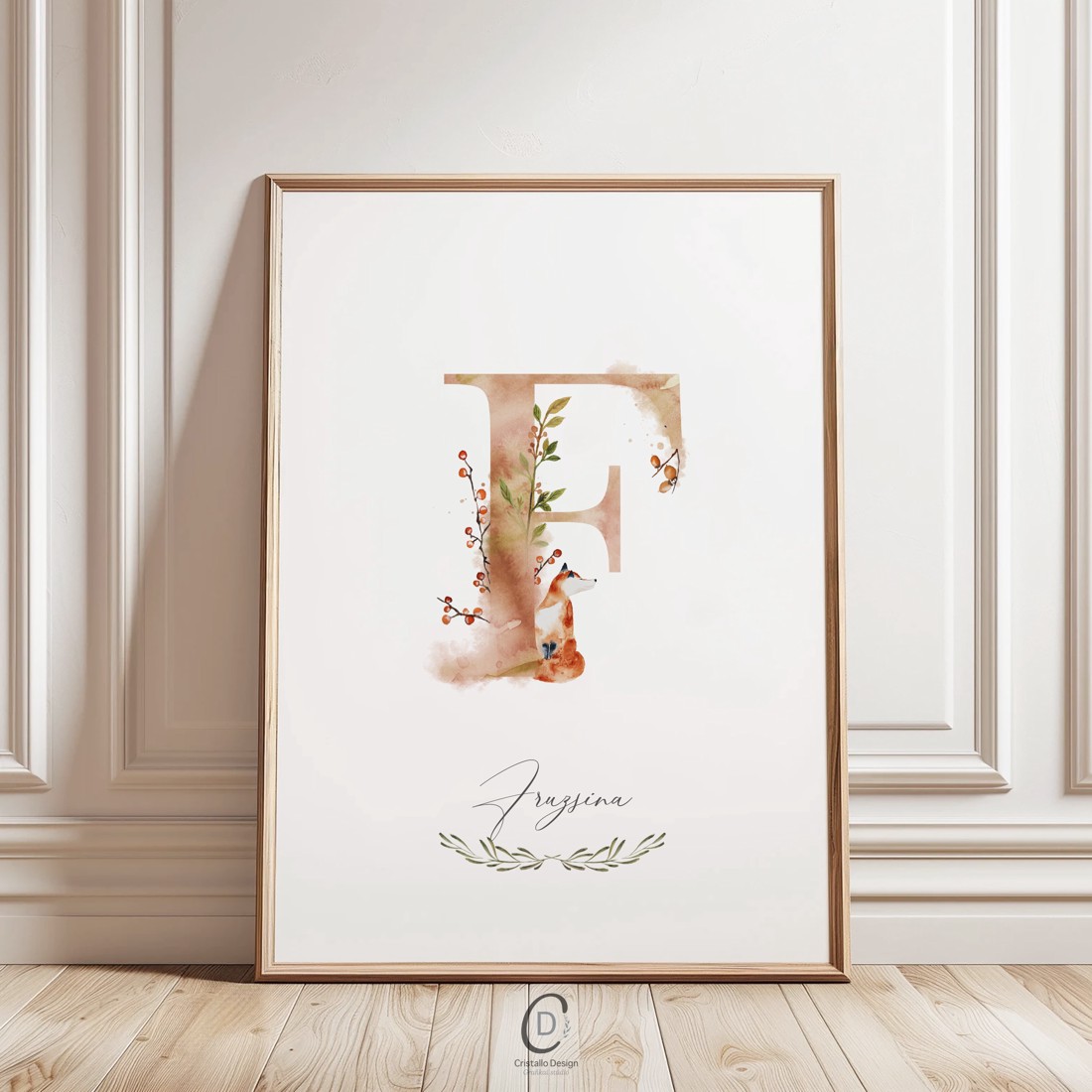 litera F, monogramă, imagine onomastică, decor, acuarelă artă de perete, personalizată, vulpe -  - Artynos.ro