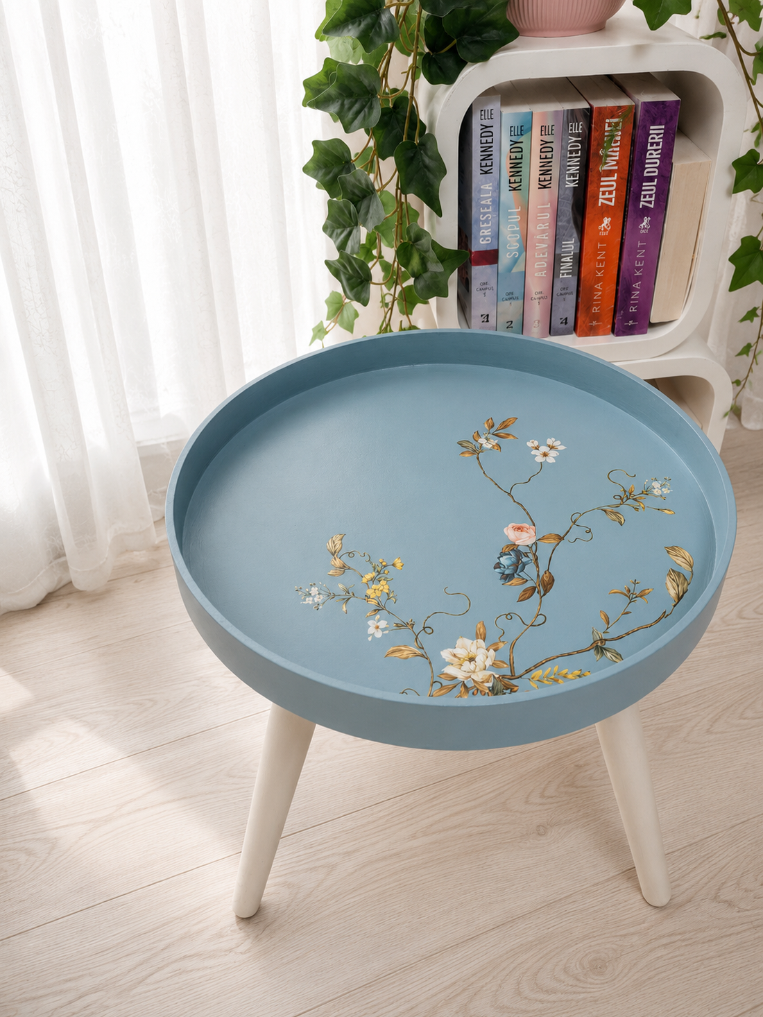 Măsuță de cafea/accent rotundă, albastru deschis cu model floral - accesorii nuntă - amintiri și cadouri de nuntă - favoruri de nuntă - Artynos.ro