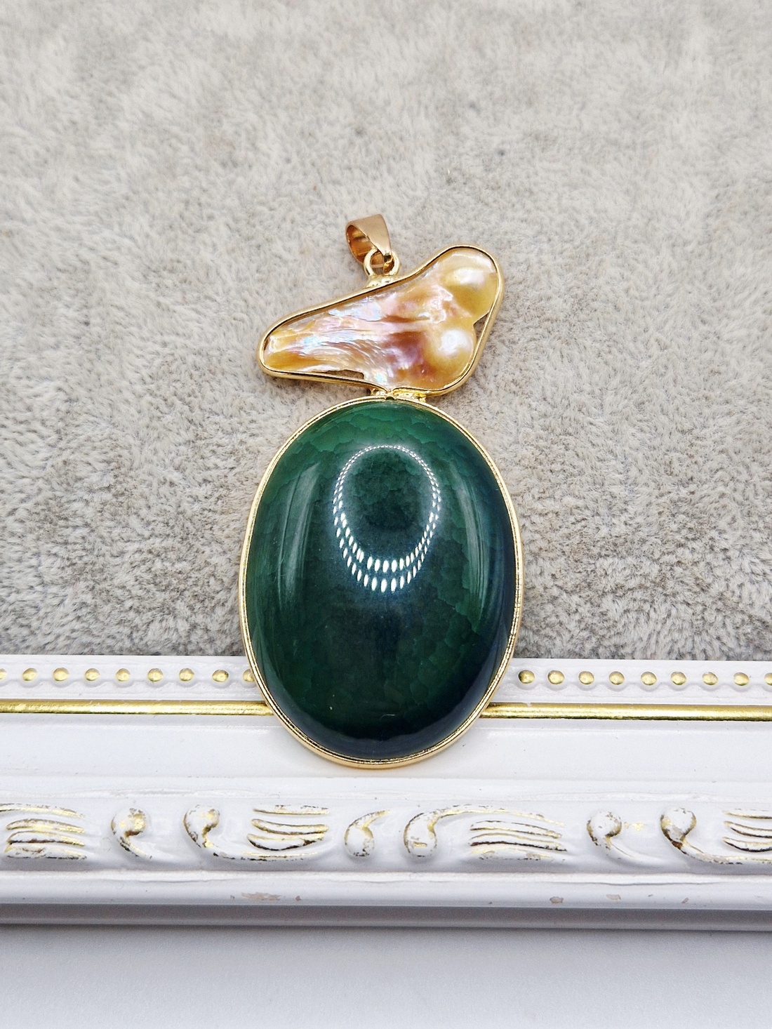 Pandantiv agata verde cu scoica cu perle 58x31mm - 1 buc - bijuterii - coliere - pandative - Artynos.ro