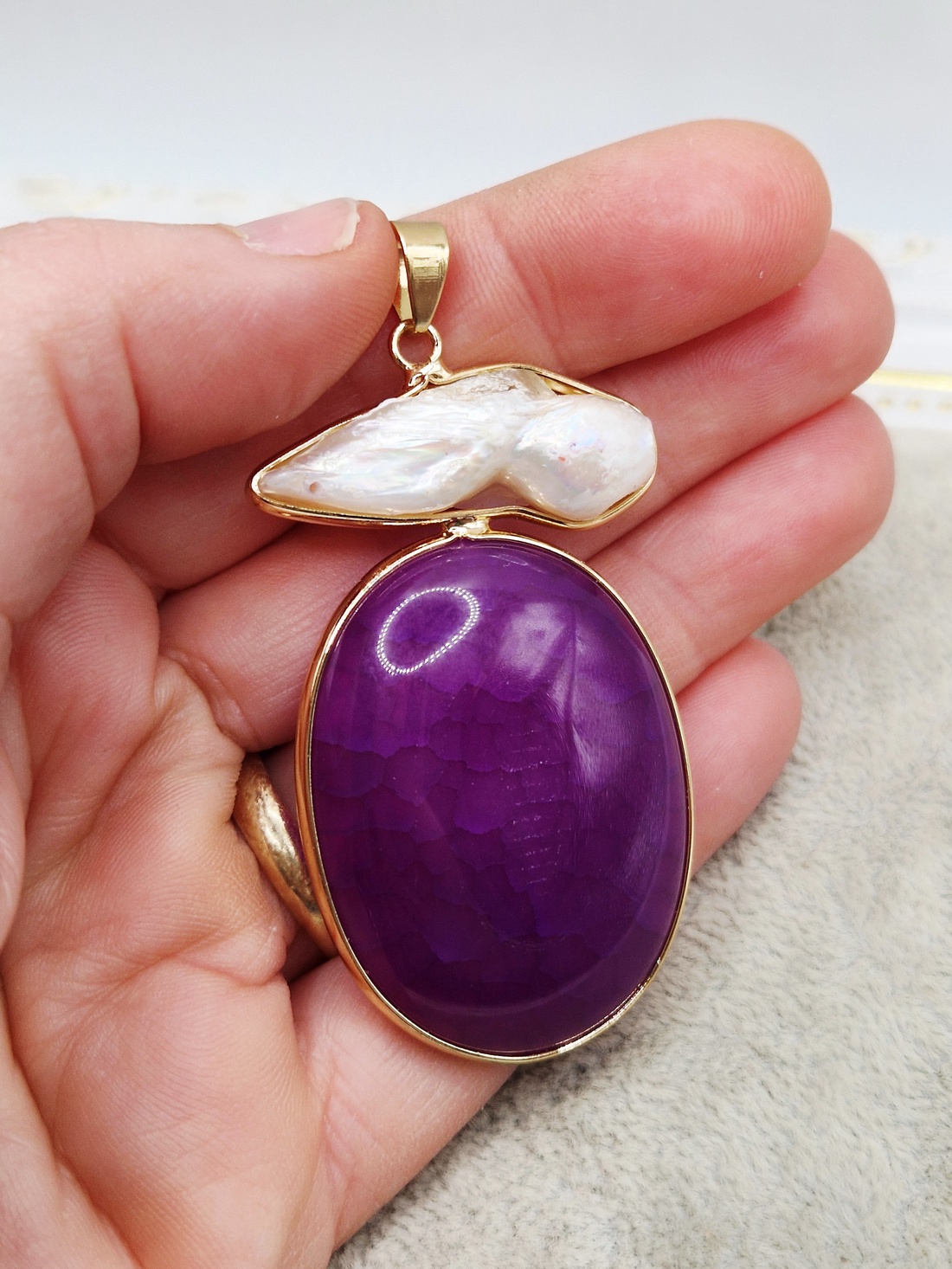 Pandantiv agata mov cu scoica cu perle 51x31mm - 1 buc - bijuterii - coliere - pandative - Artynos.ro