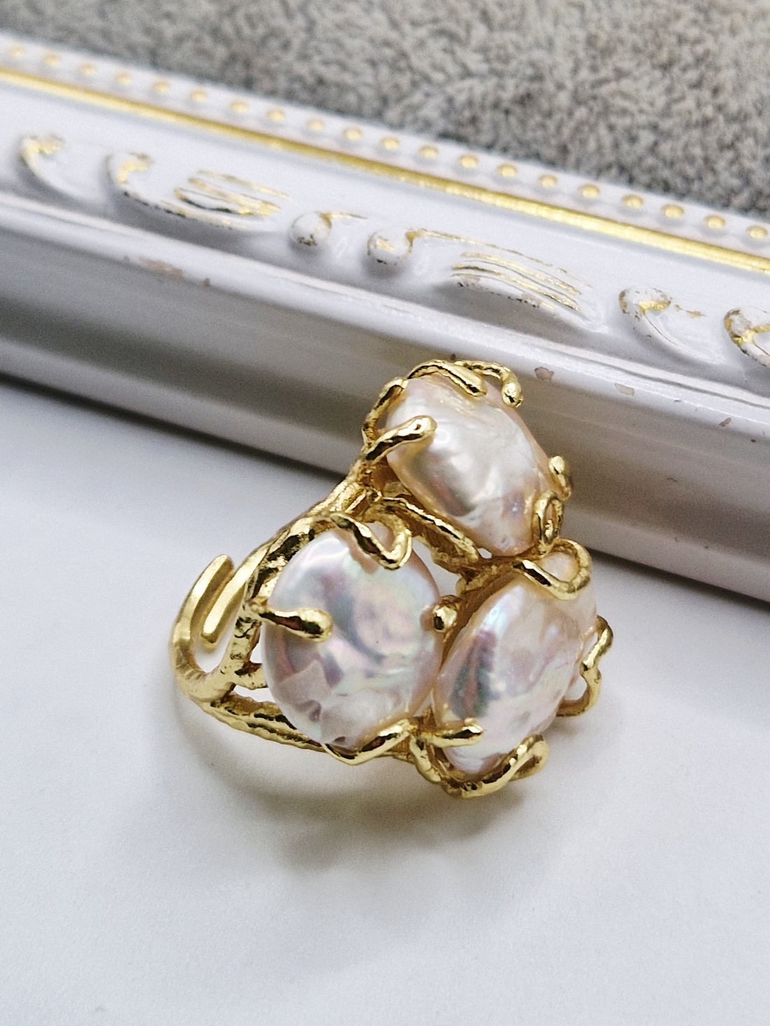 Inel auriu, reglabil, perle naturale baroc - bijuterii - inele - inele cu perle - Artynos.ro