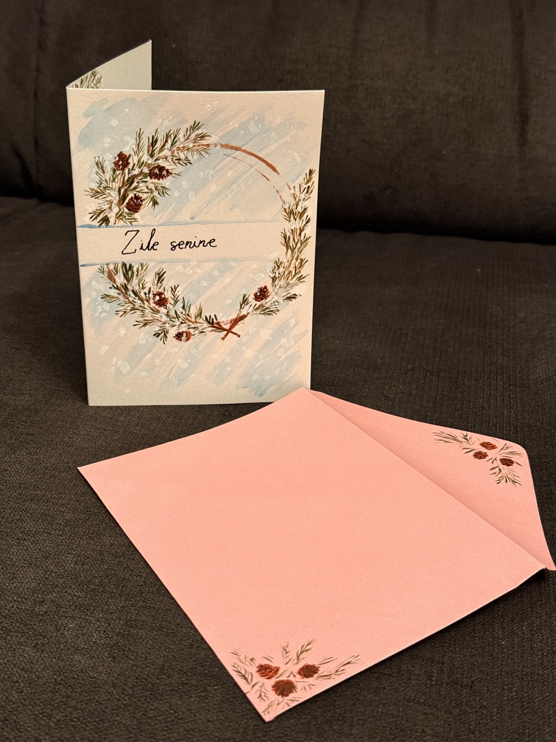 Felicitare pictată manual con cu brad - casă & stil de viață - papetărie de hârtie - invitații, felicitări - Artynos.ro