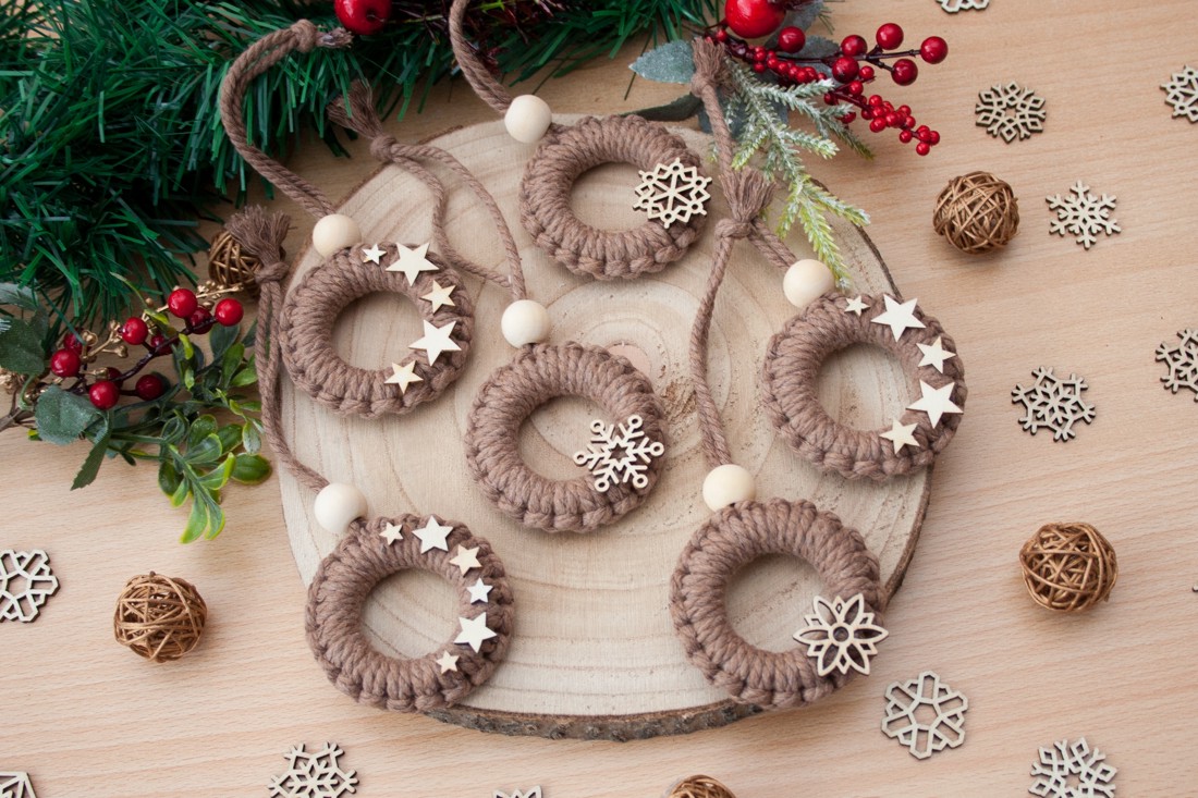 Macrame hoop Crăciun ornament 6 bucăți - Brown stea -  - Artynos.ro