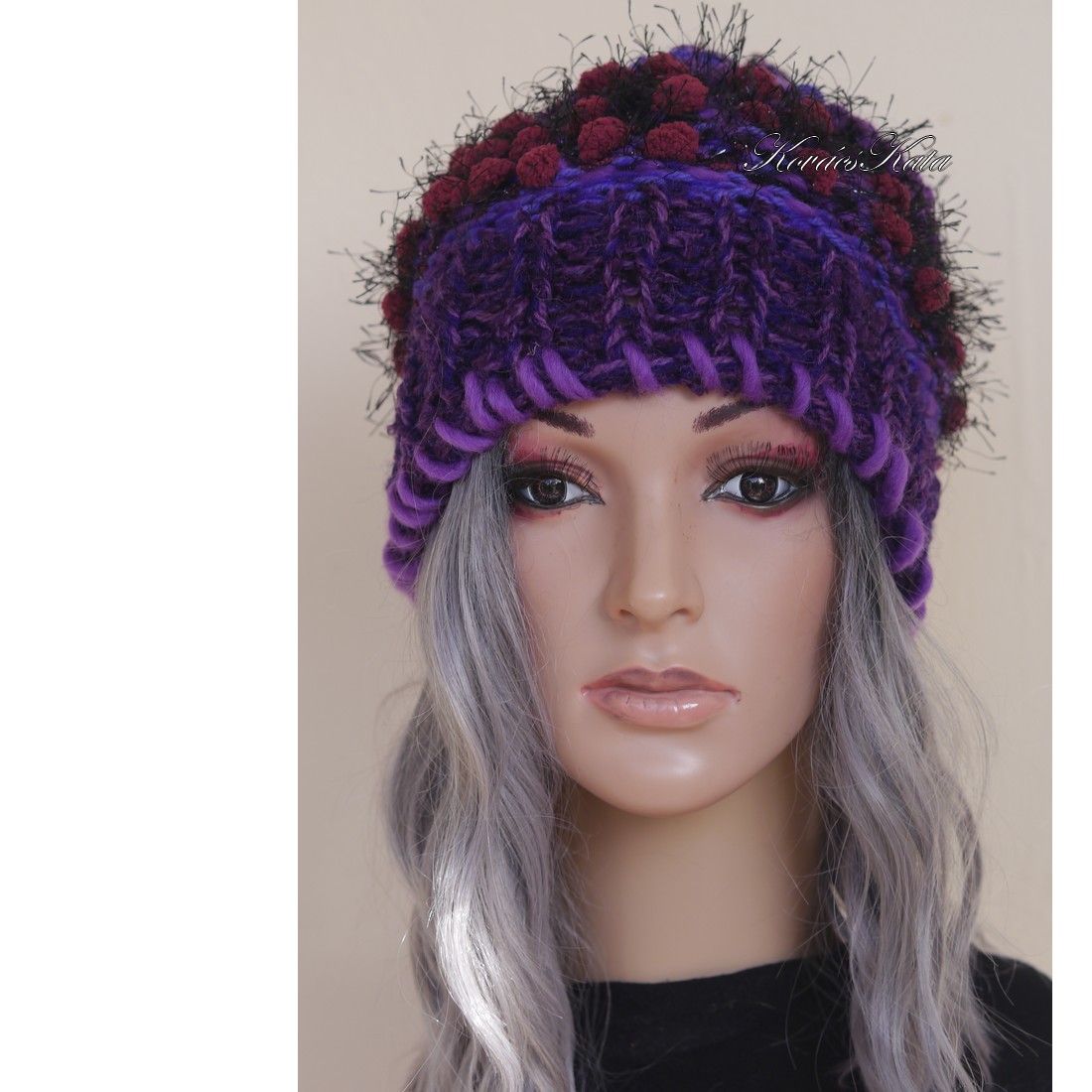 LUCA-SAPI / violet - Șapcă din lână cu design boem tricotat manual - îmbrăcăminte și modă - eșarfe, pălării, fularuri - căciulă - Artynos.ro