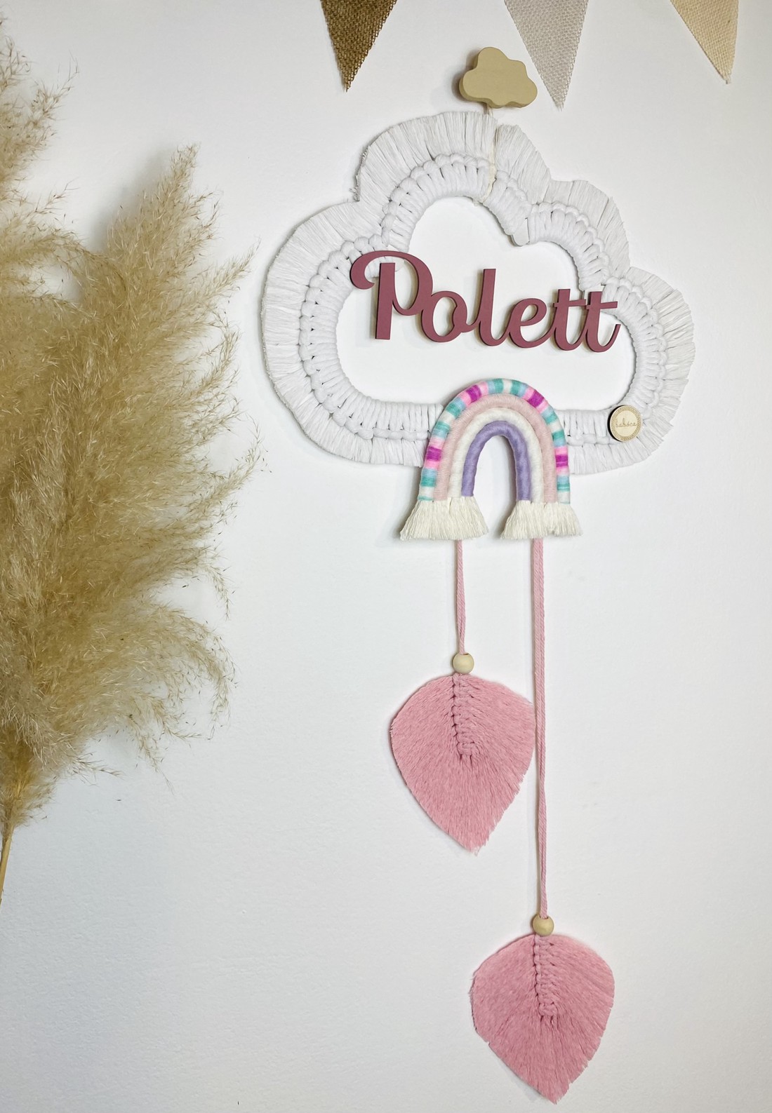 Decor de perete personalizat - nor macramé cu curcubeu și frunze (mic) - girly -  - Artynos.ro