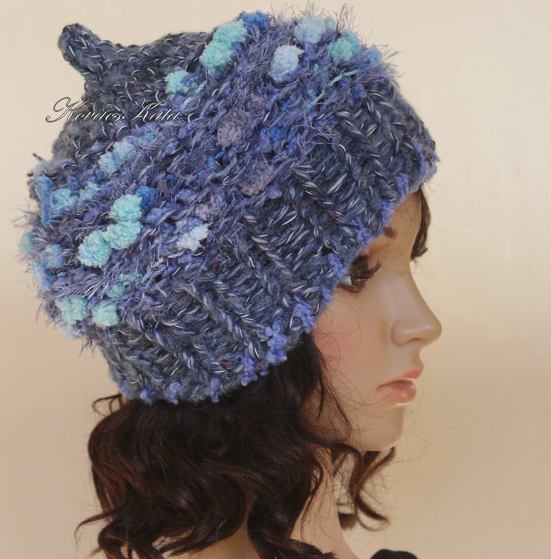 LUCA-SAPI / albastru - Șapcă din lână cu design boem tricotat manual - îmbrăcăminte și modă - eșarfe, pălării, fularuri - căciulă - Artynos.ro