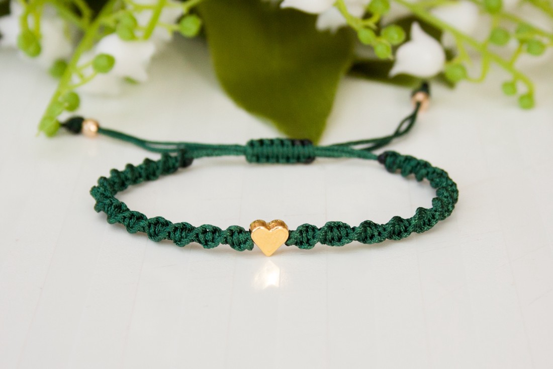 Brățară macramé împletită cu răsucire - Heart verde închis / auriu -  - Artynos.ro